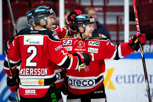 Malmö Redhawks Nils Andersson och Nicklas Jadeland firar