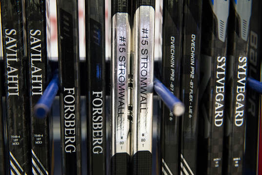 Luleås Malte Strömwall klubbor före ishockeymatchen i