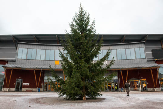 En julgran utanför Tegera Arena före ishockeymatchen i