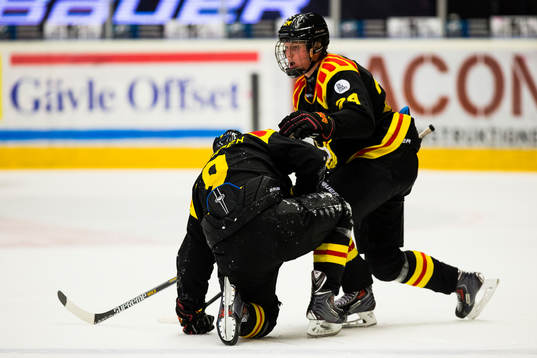 Brynäs Niclas Andersén får hjälp upp av Brynäs Jens