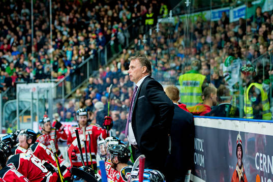 Malmö Redhawks tränare Mats Lusth på bänken