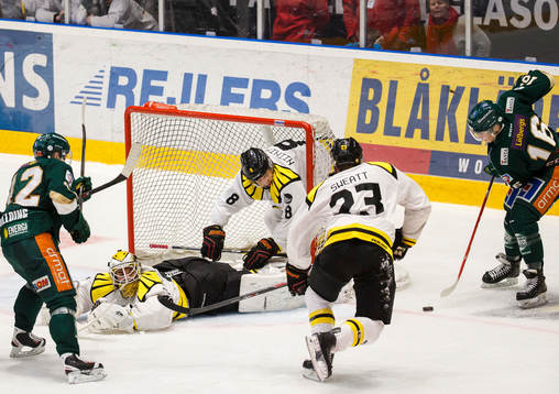 Brynäs målvakt Bernhard Starkbaum får besök i kassen av