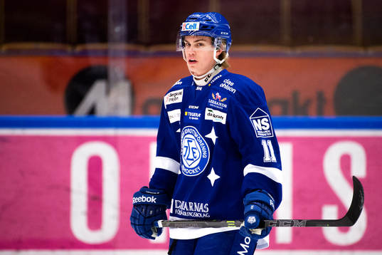 Leksands Oskar Lang före ishockeymatchen i SHL mellan
