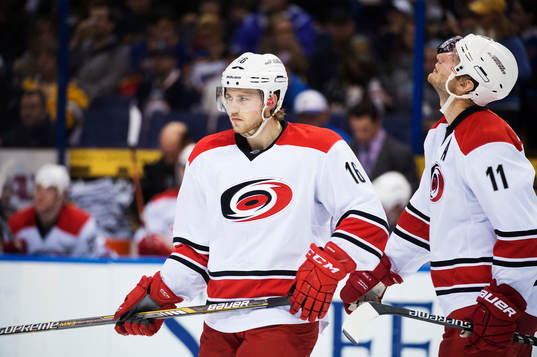 Carolinas Elias Lindholm och Jordan Staal deppar