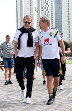 Sveriges förbundskapten Erik Hamrén och Åge Hareide