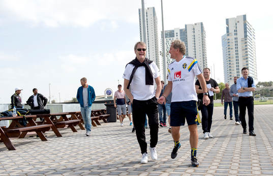 Sveriges förbundskapten Erik Hamrén och Åge Hareide