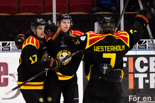 Brynäs Pathrik Westerholm och Christian Djoos jublar