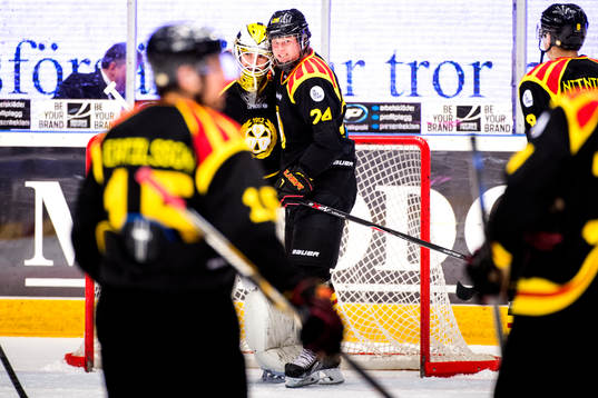 Brynäs målvakt Bernhard Starkbaum och Jens Lööke jublar