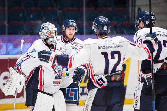 Linköpings spelare jublar med målvakt David Rautio