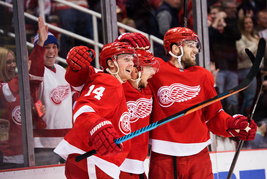 Detroits Gustav Nyquist, Tomas Tatar och Riley Sheahan