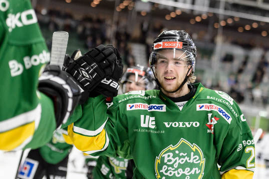 Björklövens Viktor Ekeståhl-Jonsson firar med båset