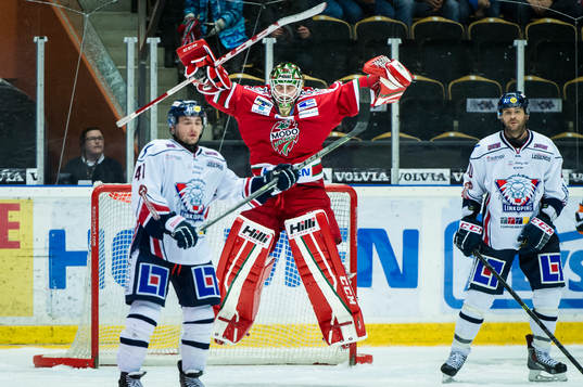 Modos målvakt Linus Ullmark jublar och hoppar högt när