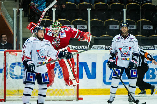 Modos målvakt Linus Ullmark jublar och hoppar högt när