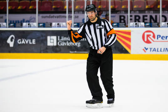 Domare Mikael Sjöqvist pekar mot utvisningsbåset