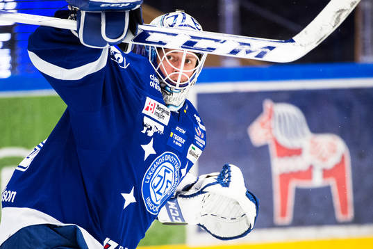 Leksands målvakt Oscar Alsenfelt före ishockeymatchen i