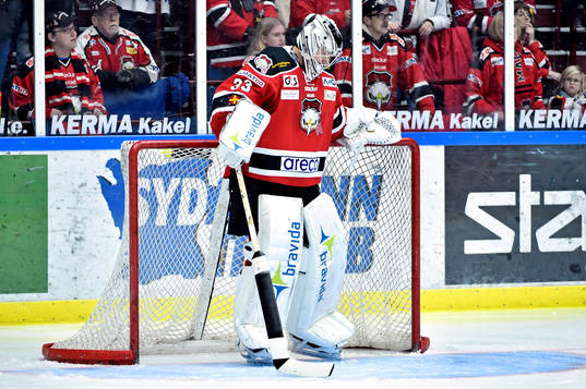 Malmö Redhawks målvakt Niko Hovinen jublar