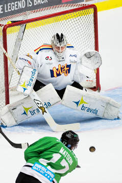 Rögles Taylor Matson skjuter ett skott mot Malmö Redhawks