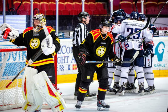 Brynäs målvakt Johan Holmqvist och Christian Djoos deppar
