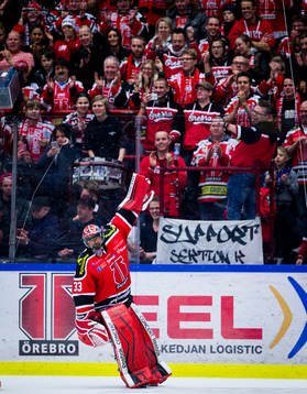 Örebros målvakt Julius Hudacek jublar med fansen