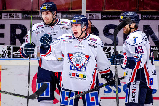 Linköpings Mattias Sjögren, v, och Broc Little ,m, jublar