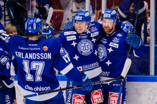 Leksands Tomi Sallinen och Mattias Ritola jublar