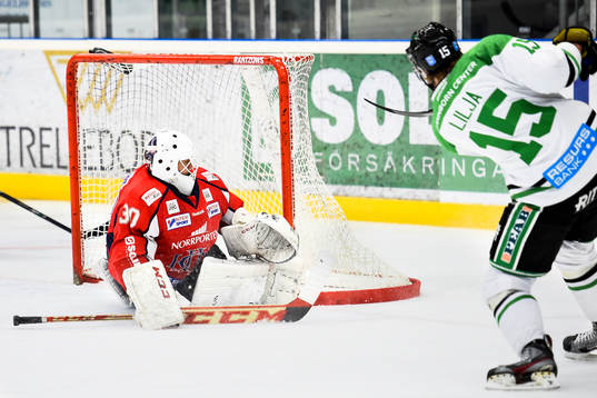 Rögles Jakob Lilja skjuter mot Asplövens målvakt