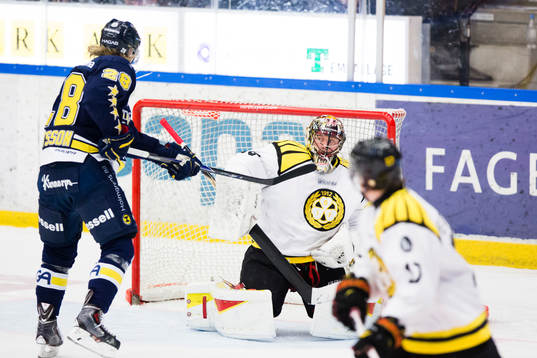 s Anton Bengtsson och Brynäs målvakt Johan Holmqvist ser