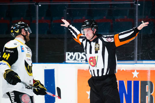 Domare Patric Bjälkander dömer bort ett Västerås mål