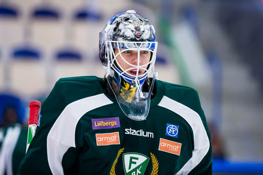 Färjestads målvakt Adam Werner värmer upp