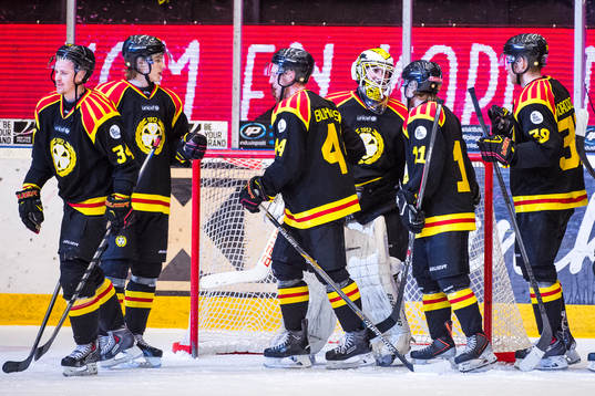 Brynäs målvakt Bernhard Starkbaum jublar med lagkamraterna