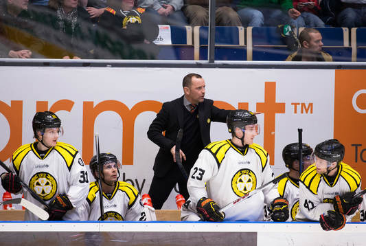 Brynäs tränare Thomas Berglund pekar åt spelarna i båset