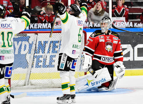 Malmö Redhawks målvakt Niko Hovinen och Frederik Storm
