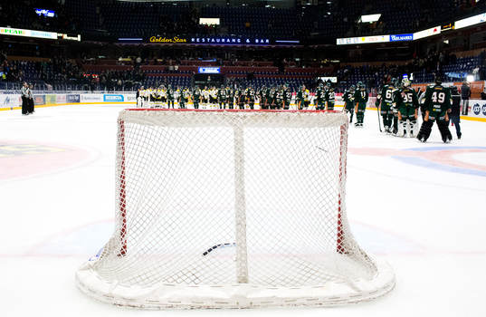 En tom målbur och spelare på isen