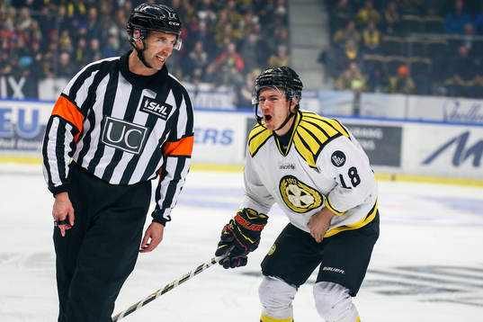Brynäs Anton Rödin skriker på domaren Linus Öhlund
