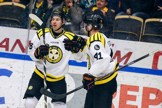 Brynäs Anton Rödin  och Greg Scott  jublar