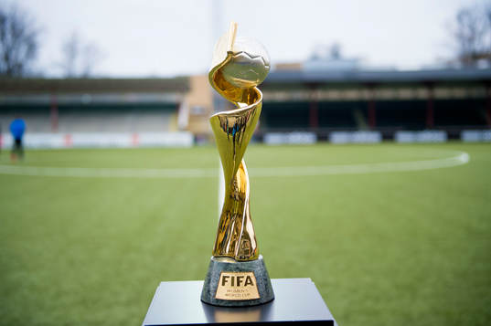 Pokalen för VM i fotboll för damer 2015 visas upp på plan