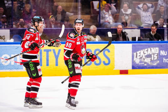 Malmö Redhawks Jens Olsson och Mattias Persson jublar