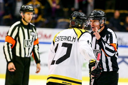 Brynäs Pathrik Westerholm och domaren Sören Persson