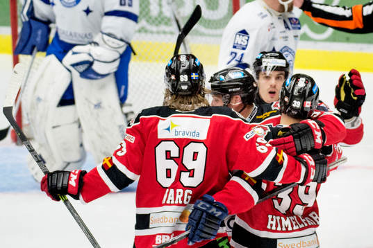 Malmö Redhawks spelare firar Eric Himelfarb gjort 1-0