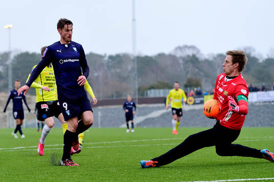 Malmö FFs Markus Rosenberg och Mjällbys målvakt Mattias