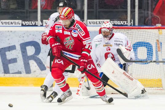 Modos Donald Brashear och Vita Hästens målvakt Henrik