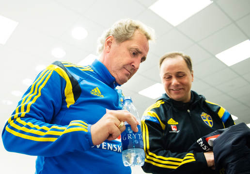 Förbundskapten Erik Hamrén och presschefen Niklas Bodell