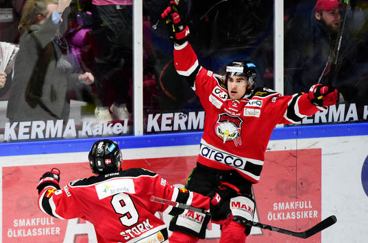 Malmö Redhawks Frederik Storm och Nils Andersson jublar