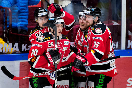 Malmö Redhawks spelare firar Nils Andersson gjort 3-1