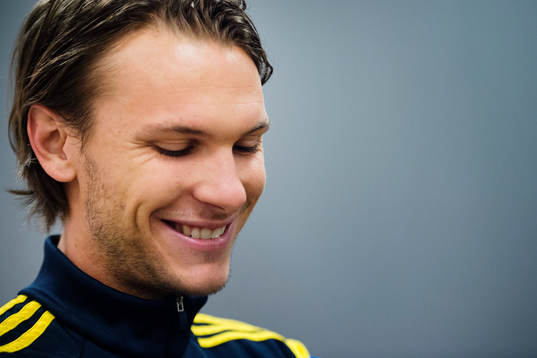 Sveriges Albin Ekdal deltar i en pressträff