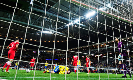 Sveriges Johan Elmander och Ola Toivonen jublar