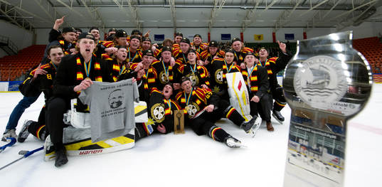 Brynäs lag jublar i en lagbild med SM pokalen