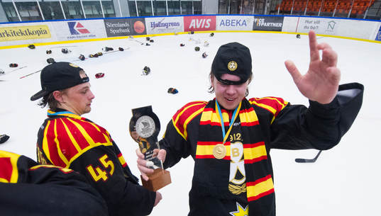 Brynäs Philip Alftberg och Marcus Ersson firar Sm guldet