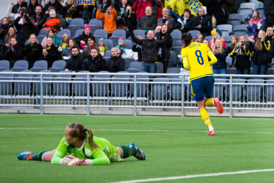 Danmarks målvakt Stina Lykke Petersen ligger ner