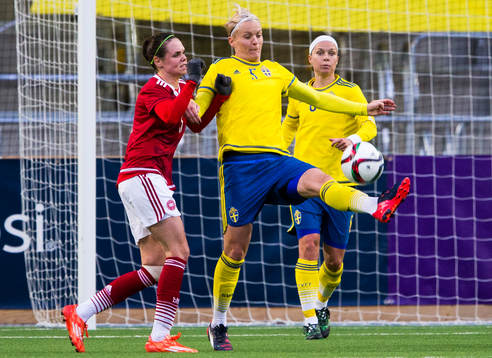Sveriges Nilla Fischer sparkar undan bollen för Danmarks